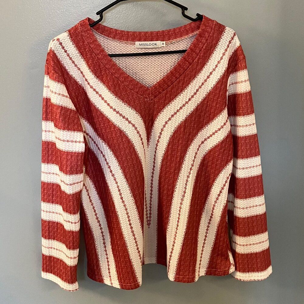 Misslook V-neck Striped Shirt Dark Rose/white Size Medium
